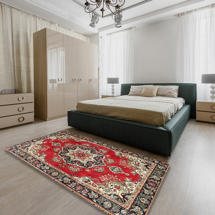 Machine Washable Traditional Saffron Red Rug in a Bedroom, wshtr4354