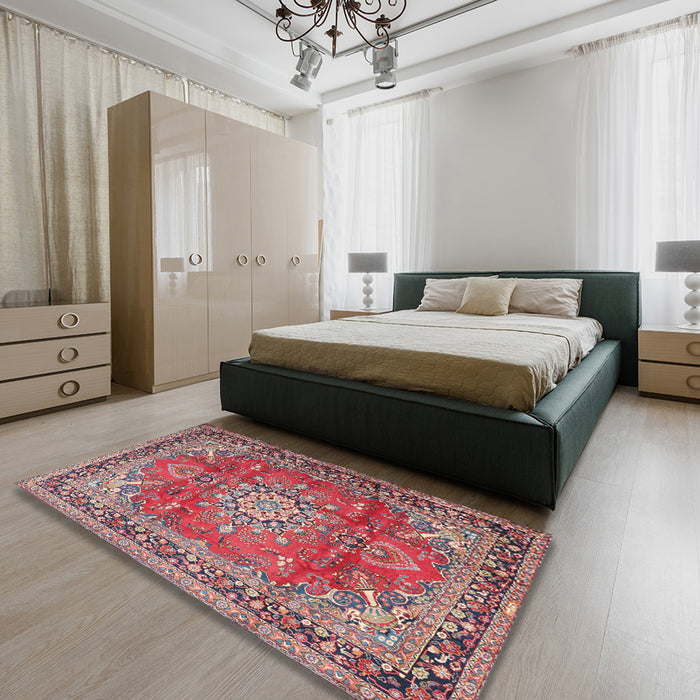 Traditional Fire Brick Red Medallion Rug in a Bedroom, tr4359