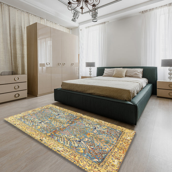 Traditional Dark Almond Brown Animal Rug in a Bedroom, tr4391