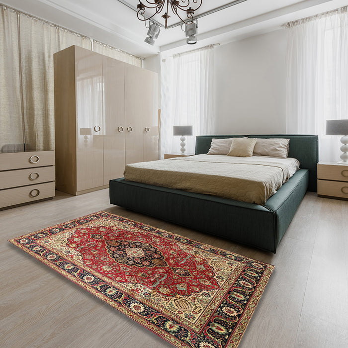 Traditional Saffron Red Medallion Rug in a Bedroom, tr439