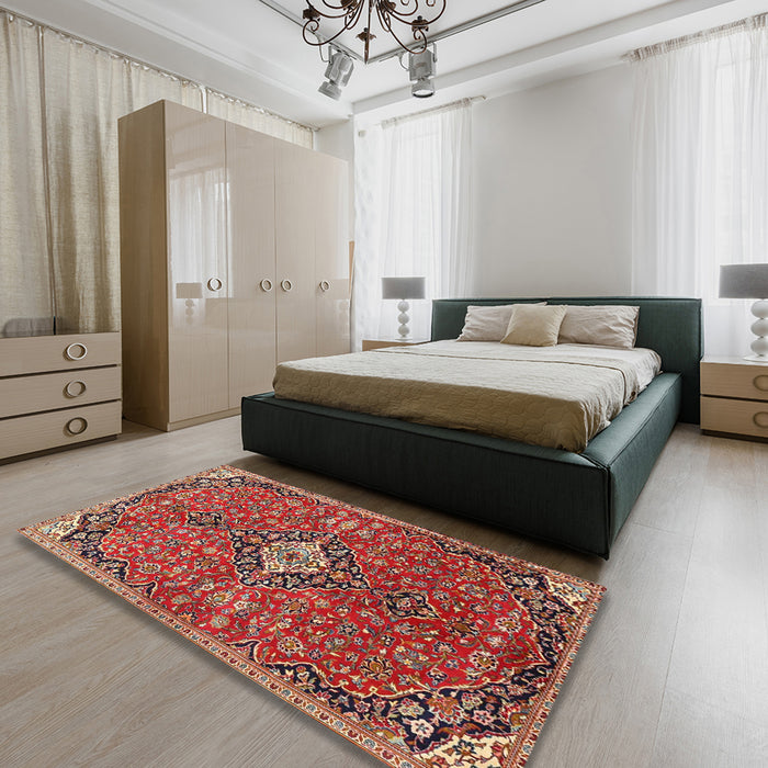 Machine Washable Traditional Tomato Red Rug in a Bedroom, wshtr4437