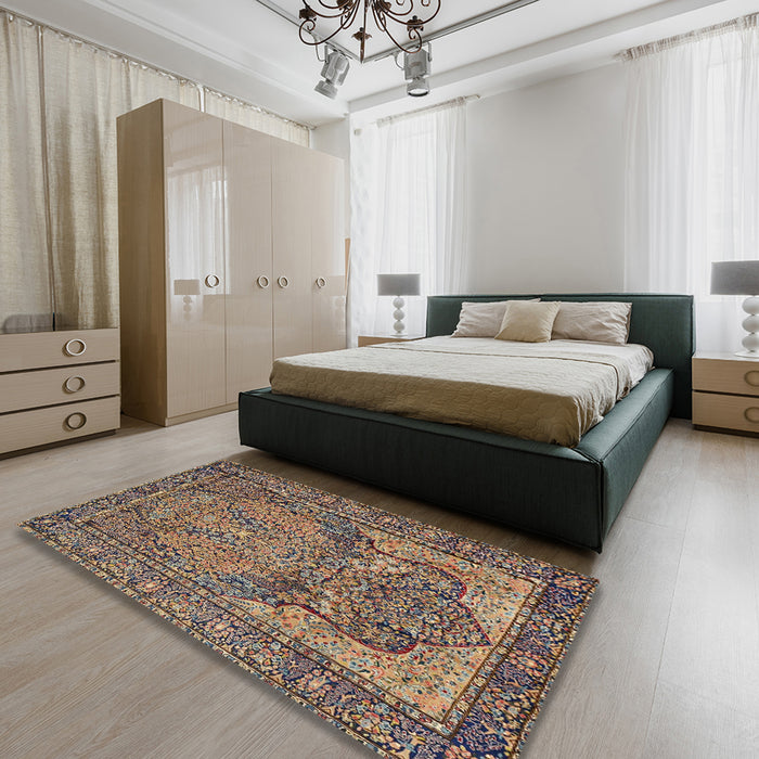 Traditional Dark Brown Persian Rug in a Bedroom, tr4439