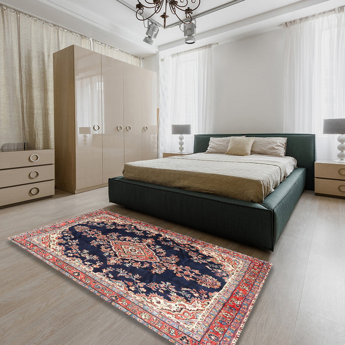 Traditional Light French Beige Brown Medallion Rug in a Bedroom, tr4444