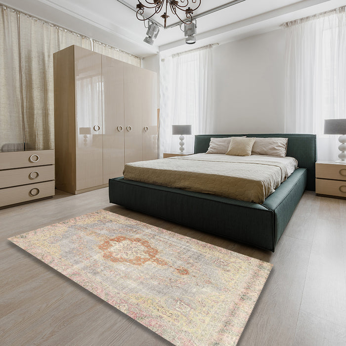 Traditional Light French Beige Brown Medallion Rug in a Bedroom, tr4459