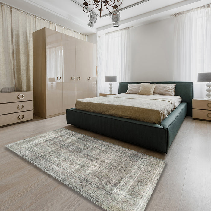 Machine Washable Traditional Sage Green Rug in a Bedroom, wshtr4463