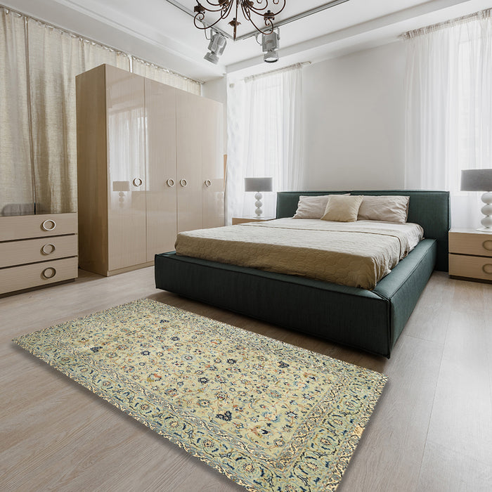 Machine Washable Traditional Khaki Green Rug in a Bedroom, wshtr446