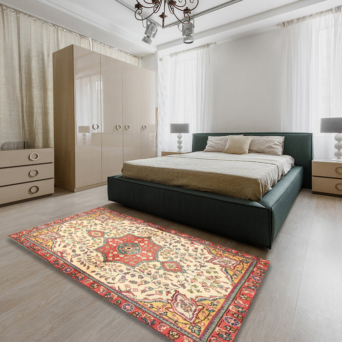 Traditional Brown Gold Medallion Rug in a Bedroom, tr4474