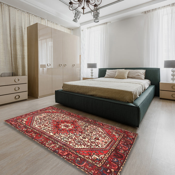 Traditional Copper Red Pink Medallion Rug in a Bedroom, tr4486