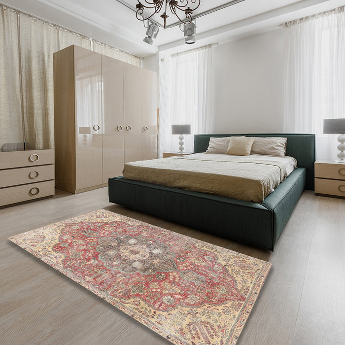 Traditional Copper Red Pink Medallion Rug in a Bedroom, tr4504