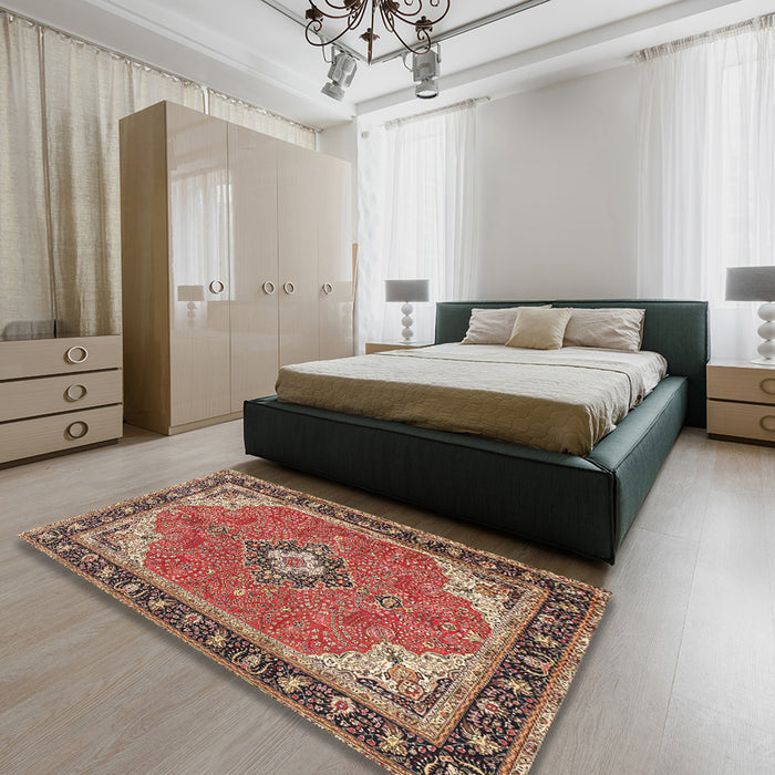 Machine Washable Traditional Saffron Red Rug in a Bedroom, wshtr4512