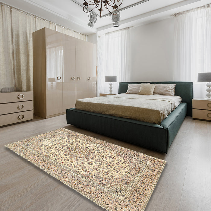 Machine Washable Traditional Dark Almond Brown Rug in a Bedroom, wshtr4529