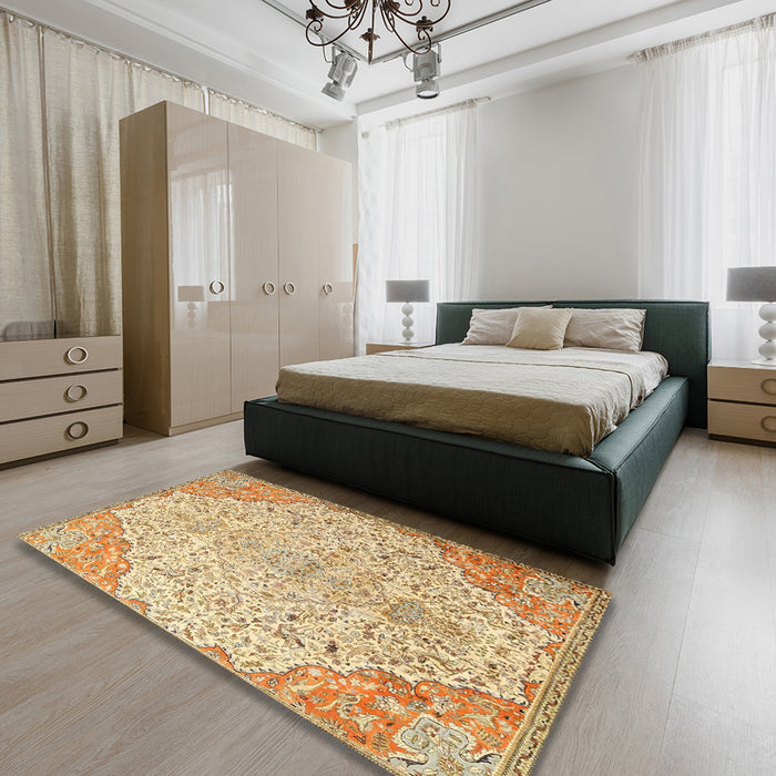 Machine Washable Traditional Brown Gold Rug in a Bedroom, wshtr4534