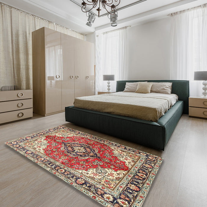 Machine Washable Traditional Brown Red Rug in a Bedroom, wshtr4535