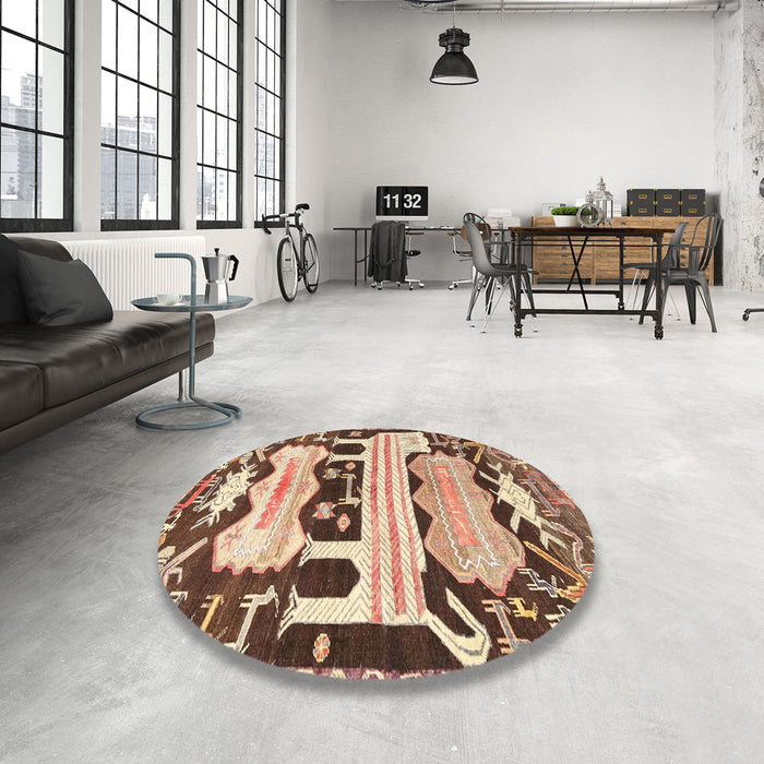 Round Traditional Dark Sienna Brown Persian Rug in a Office, tr4538