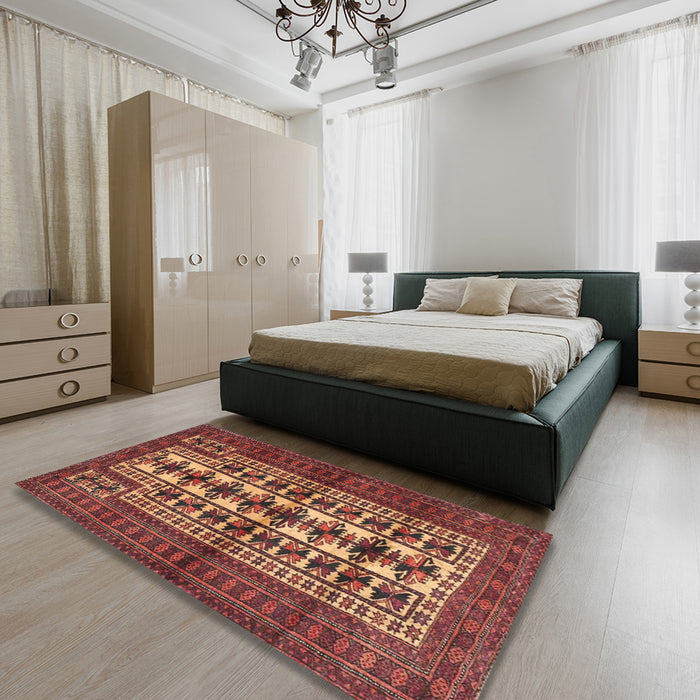 Machine Washable Traditional Saffron Red Rug in a Bedroom, wshtr4559