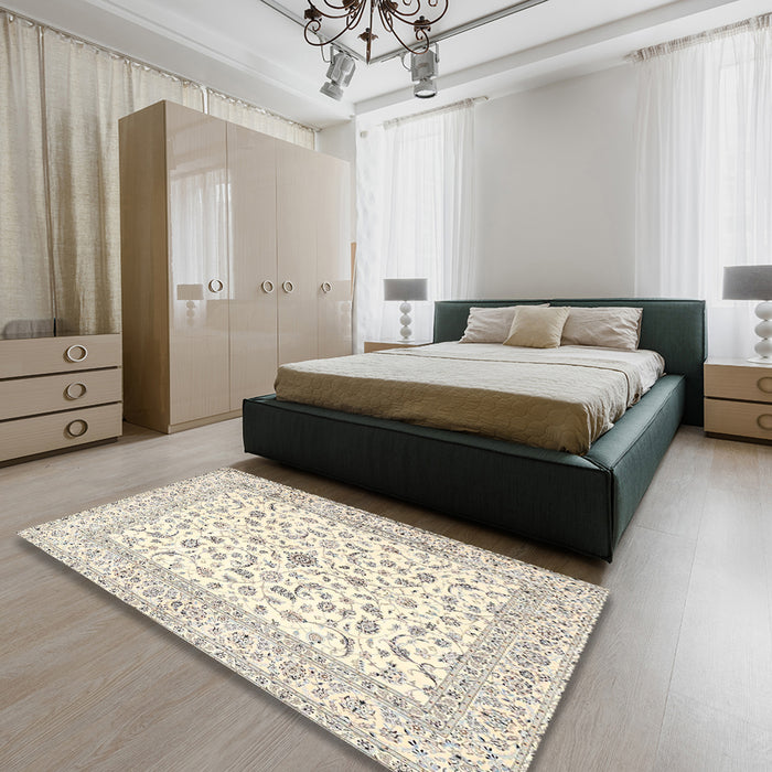 Machine Washable Traditional Peach Beige Rug in a Bedroom, wshtr4578
