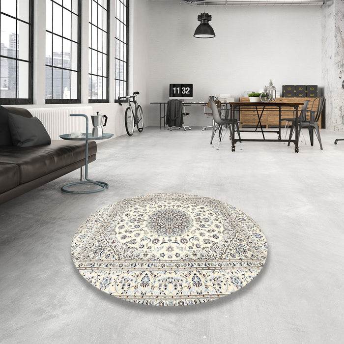 Round Traditional Champagne Beige Medallion Rug in a Office, tr4579