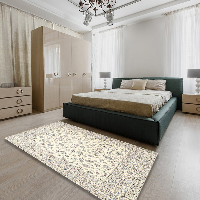 Traditional Blanched Almond Beige Persian Rug in a Bedroom, tr4580