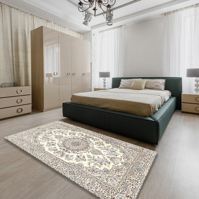 Machine Washable Traditional Blanched Almond Beige Rug in a Bedroom, wshtr4582