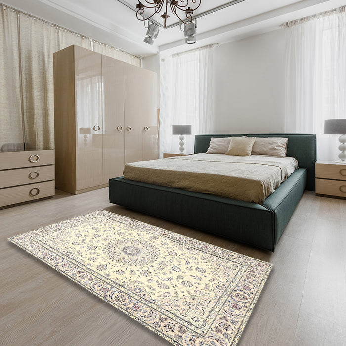 Machine Washable Traditional Peach Beige Rug in a Bedroom, wshtr4593