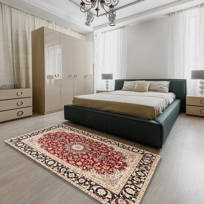 Machine Washable Traditional Brown Red Rug in a Bedroom, wshtr4596