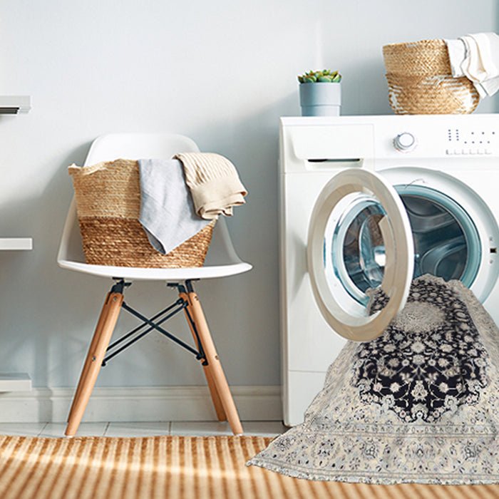 Machine Washable Traditional Carbon Gray Rug in a Washing Machine, wshtr4599