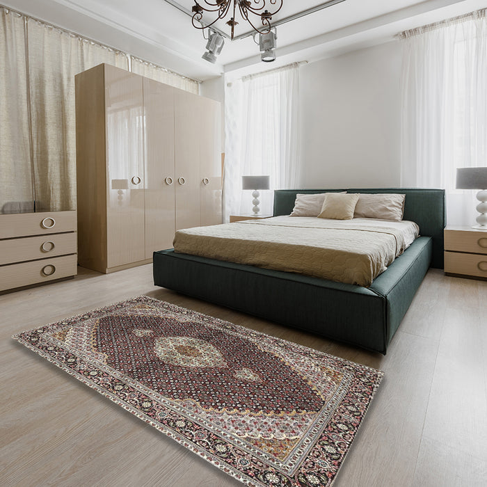 Traditional Light French Beige Brown Medallion Rug in a Bedroom, tr4611