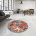 Round Machine Washable Traditional Brown Red Rug in a Office, wshtr4637