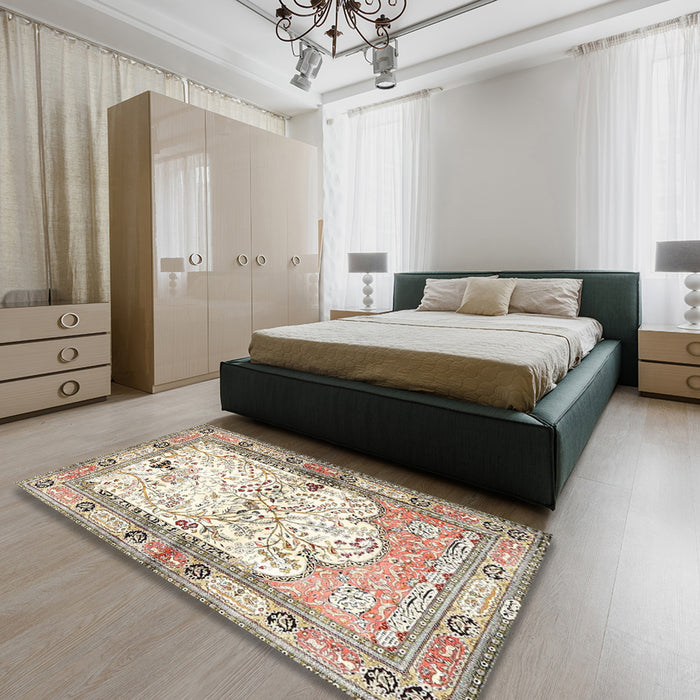 Traditional Dark Almond Brown Animal Rug in a Bedroom, tr4643