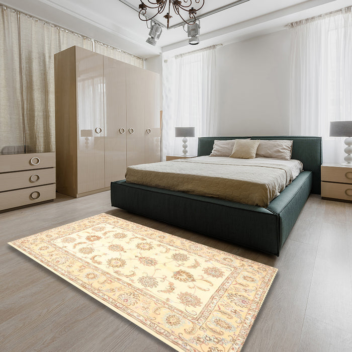 Traditional Golden Blonde Gold Oriental Rug in a Bedroom, tr4654
