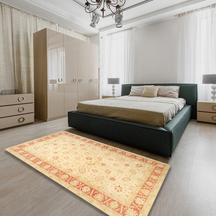 Machine Washable Traditional Brown Gold Rug in a Bedroom, wshtr4655