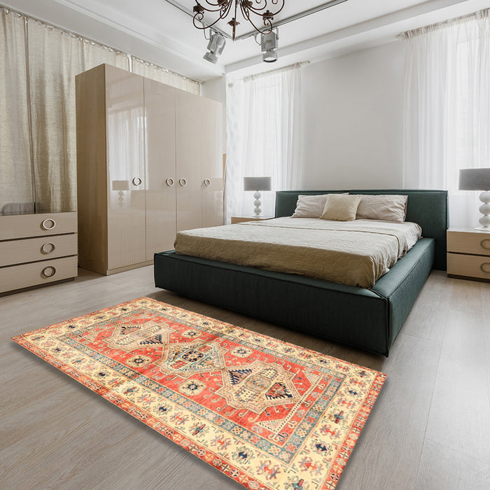 Traditional Orange Geometric Rug in a Bedroom, tr4657