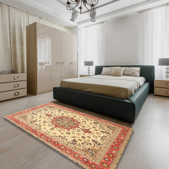 Machine Washable Traditional Chocolate Brown Rug in a Bedroom, wshtr4663