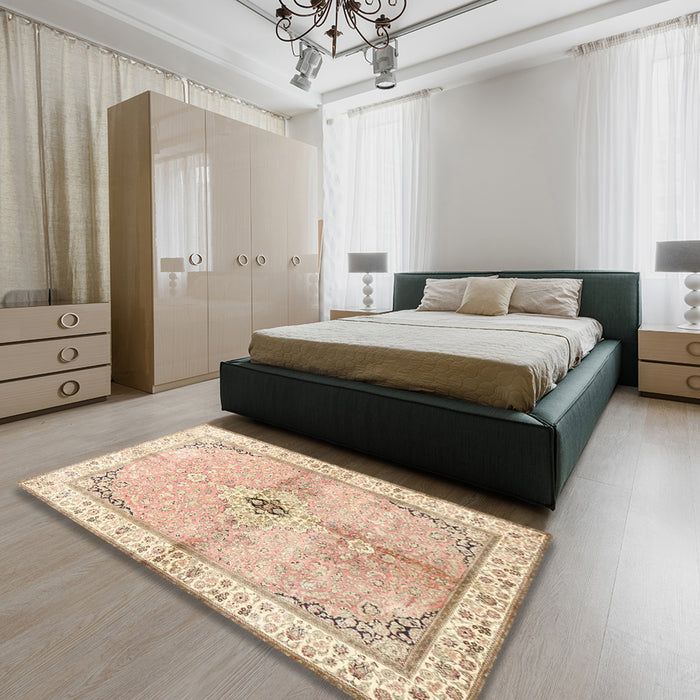 Traditional Khaki Gold Medallion Rug in a Bedroom, tr4670