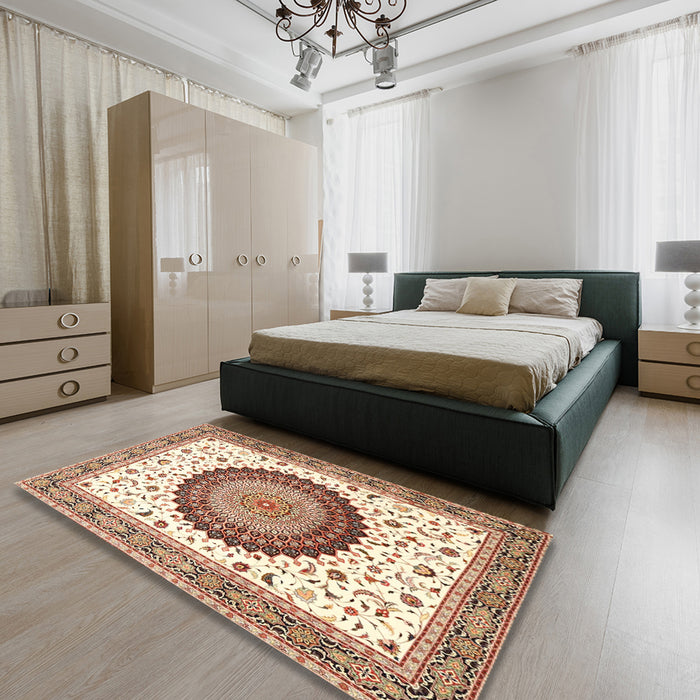 Traditional Khaki Gold Medallion Rug in a Bedroom, tr4672