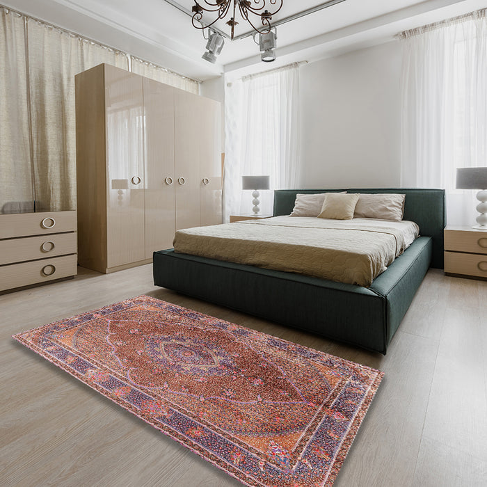 Machine Washable Traditional Brown Red Rug in a Bedroom, wshtr4683