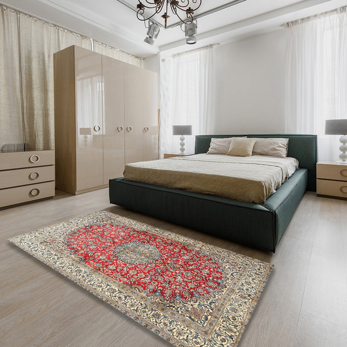 Traditional Tan Brown Oriental Rug in a Bedroom, tr4698