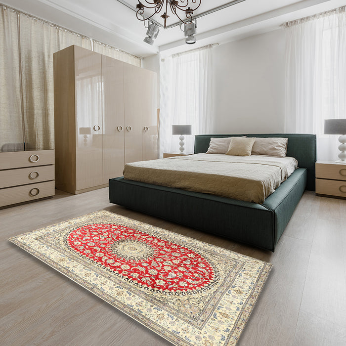 Machine Washable Traditional Rust Pink Rug in a Bedroom, wshtr4701