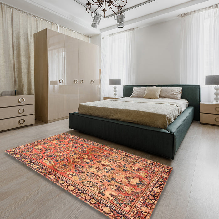 Traditional Mahogany Brown Persian Rug in a Bedroom, tr4717