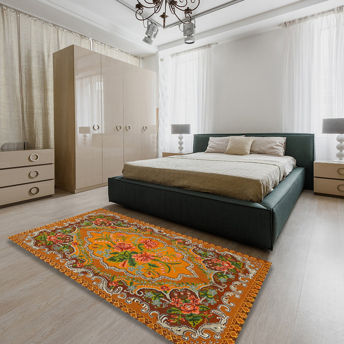 Traditional Mahogany Brown Medallion Rug in a Bedroom, tr473