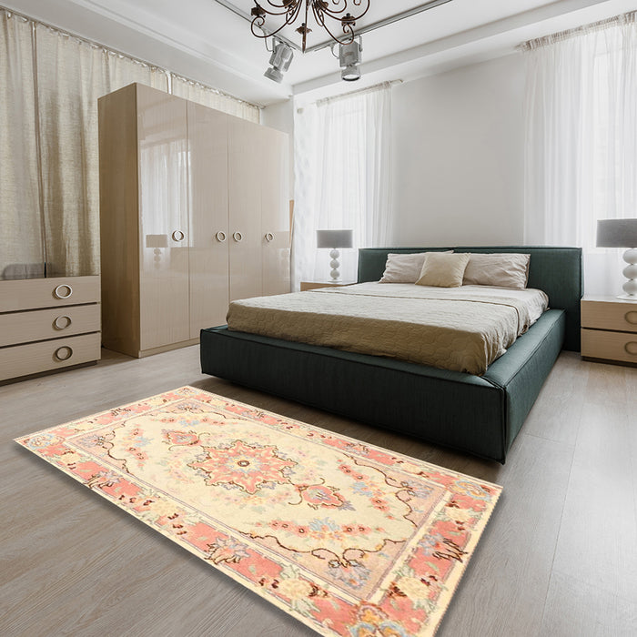 Machine Washable Traditional Khaki Gold Rug in a Bedroom, wshtr4740