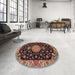 Round Traditional Orange Salmon Pink Medallion Rug in a Office, tr4744