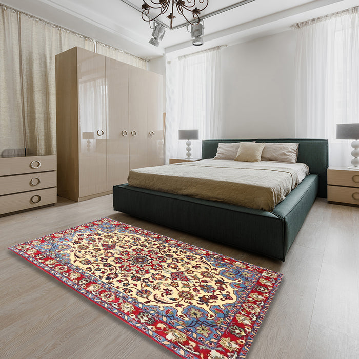 Machine Washable Traditional Brown Red Rug in a Bedroom, wshtr4749