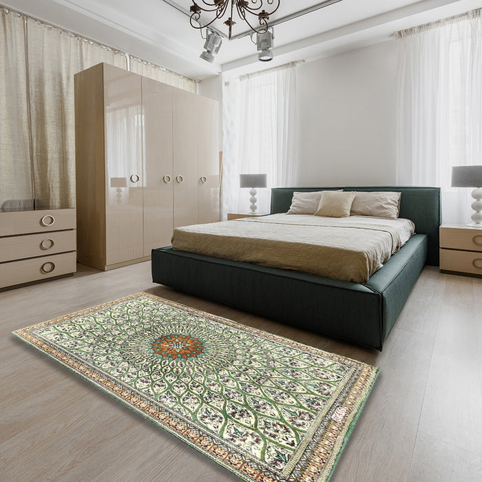 Traditional Dark Green Medallion Rug in a Bedroom, tr4763