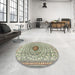 Round Traditional Dark Green Medallion Rug in a Office, tr4763