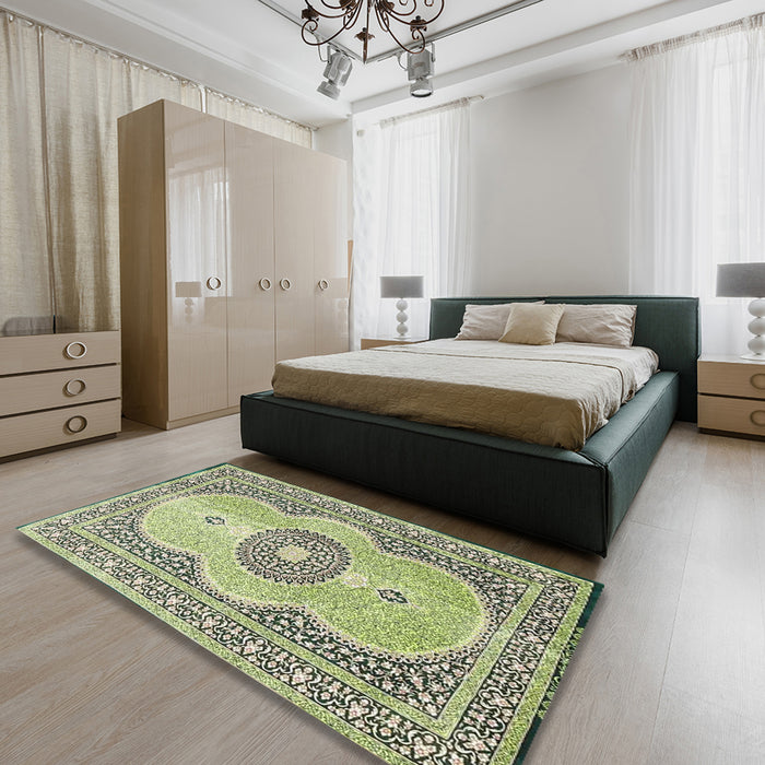 Traditional Brown Gold Medallion Rug in a Bedroom, tr4764