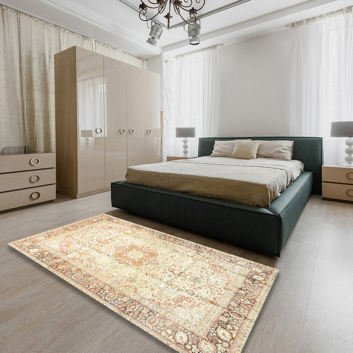 Machine Washable Traditional Vanilla Gold Rug in a Bedroom, wshtr4783
