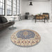 Round Traditional Deep Peach Orange Medallion Rug in a Office, tr4793