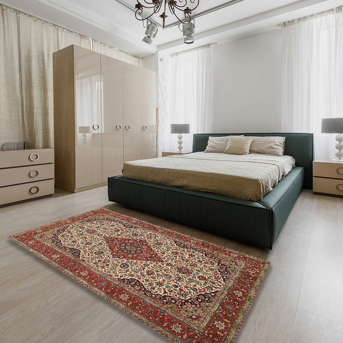 Traditional Saffron Red Medallion Rug in a Bedroom, tr479