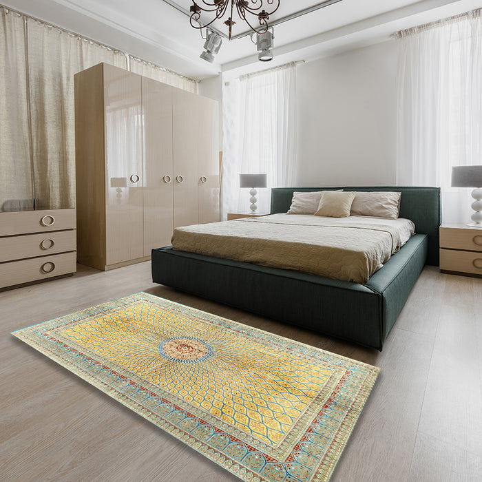 Traditional Copper Green Medallion Rug in a Bedroom, tr4812
